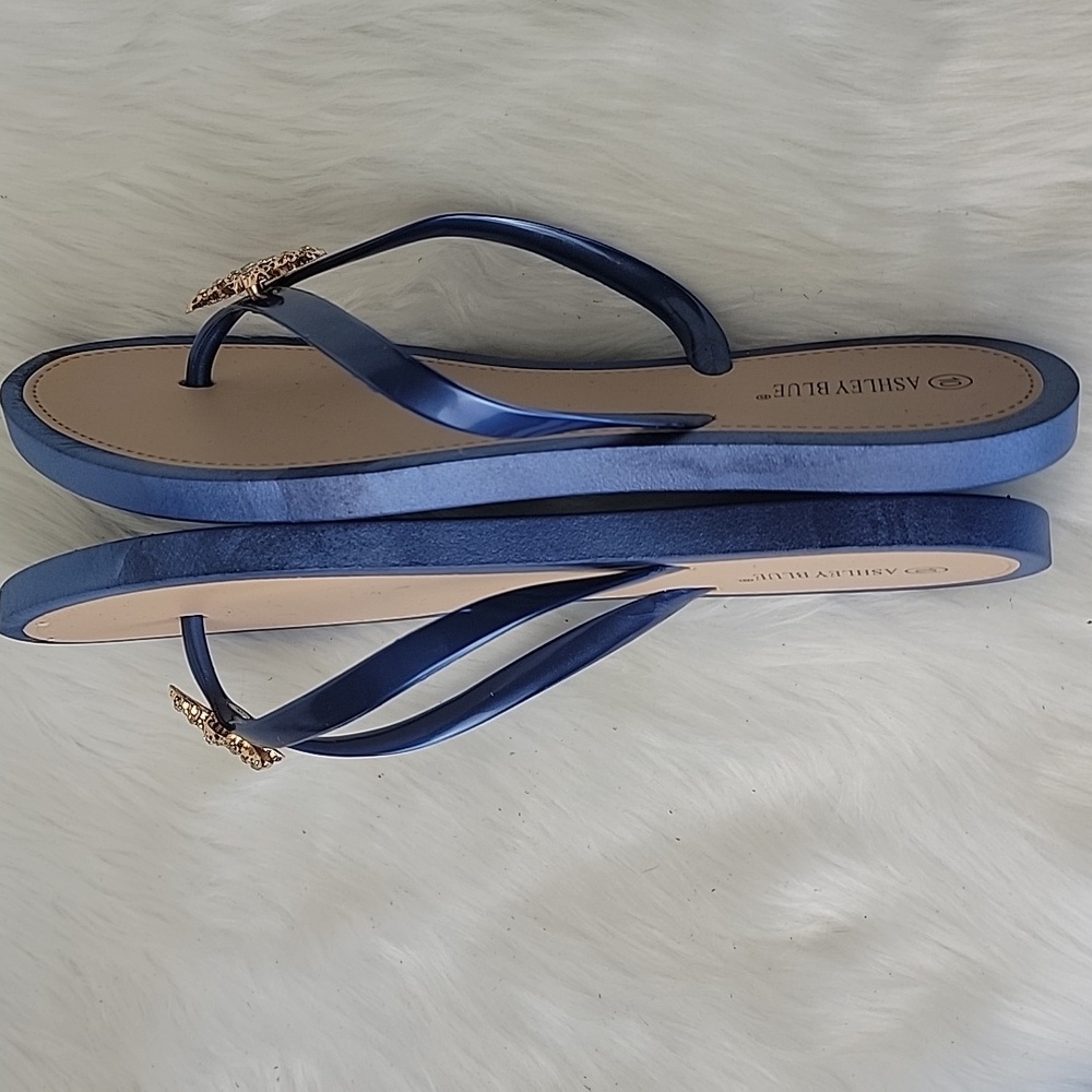 ASHLEY BLUE Blue Tan Gold Rhinestone Starfish Summer Beachy Rubber Thong Sandal - Picture 4 of 13